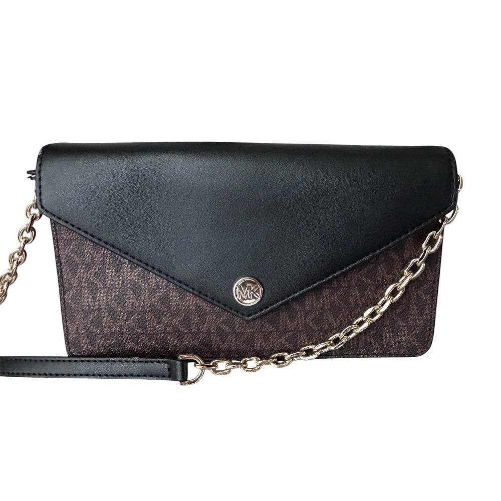 Michael Kors Brown Monogram Black Leather Envelope Crossbody Bag Gold Chain MK